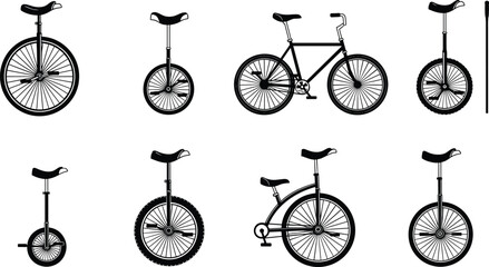 unicycle, unicycles, bicycle, cycling, wheel, balance, sport, transportation, fitness, circus, trick, equipment, silhouette, icon, vector, illustration, black, white, minimal, collection © Maisa