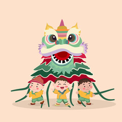  Cute illustration of children performing a traditional lion dance to celebrate Lunar New Year. Festive red tones, joyful expressions, and cultural celebration concept suitable for holiday,