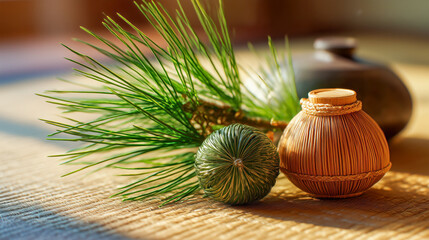 Zen decor pine sprig with rattan ball and woven bottle on wood surface