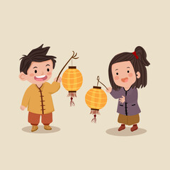Charming illustration of two children holding lanterns to celebrate Lunar New Year. Simple and warm composition highlighting tradition, happiness, and cultural celebration, suitable for holiday