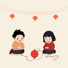 Sweet illustration of children sitting together making lanterns for Lunar New Year. Warm and calm festive atmosphere representing tradition, creativity, and family bonding, ideal for education 