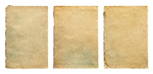 Set of aged vintage torn paper sheets, rough old parchment texture isolated on transparent, rustic antique background 