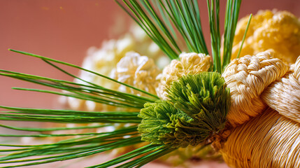 Macro woven straw bouquet with pine needles