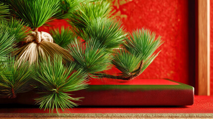 Green pine branches resting on a red gift box