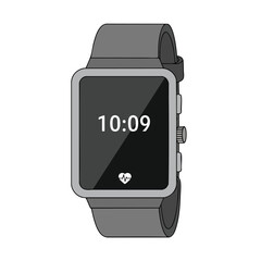 A grayscale smartwatch with a display showing the time and heart rate symbol