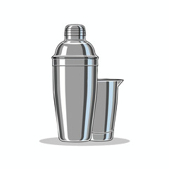 A metallic cocktail shaker and a measuring cup, on a white background, shadows