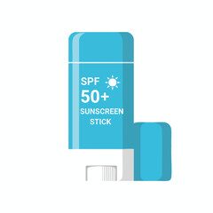 A blue SPF 50+ sunscreen stick with its cap next to it, on a white background