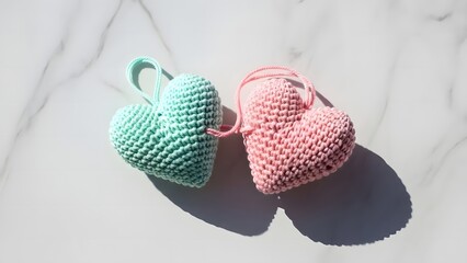Two crocheted hearts one green and one pink rest on a marble surface