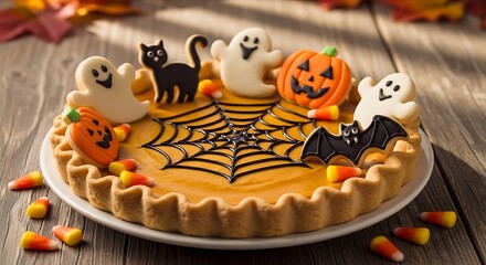 Halloween decorated pie with festive cookies and candy corn on wooden table