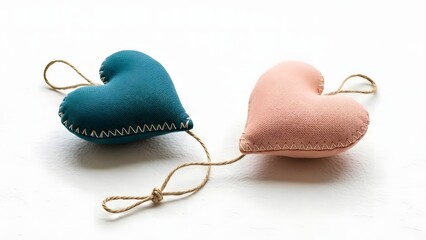 Two handmade fabric hearts with twine a symbol of love and affection