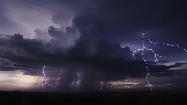 Dramatic Lightning Strike Over Stormy Sky and Rain thunder clouds