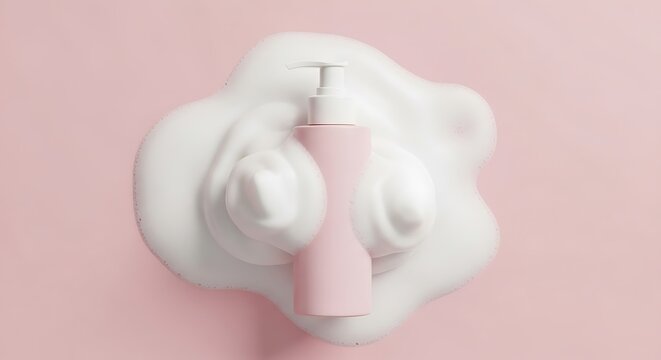 Pink cosmetic bottle with white foam on pink background