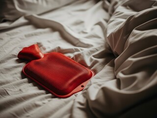 A red hot water bottle lies on rumpled bed sheets, suggesting relaxation or comfort