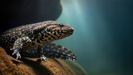 Underwater Scene with a Large Lizard on a Log in Clear Streaming Water Marine Endangered Species Photos