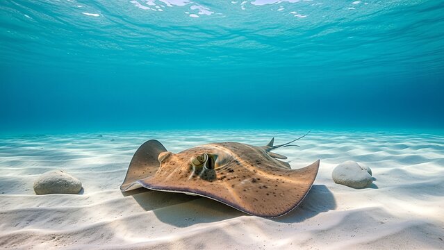 Underwater scene with a flat rock resting on a sandy ocean floor Marine Endangered Species Photos