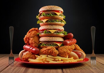 Towering stack of burgers and fried chicken with hot dogs and fries