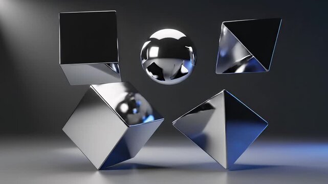 Silver Geometric Shapes Floating in a Studio Environment metallic chrome