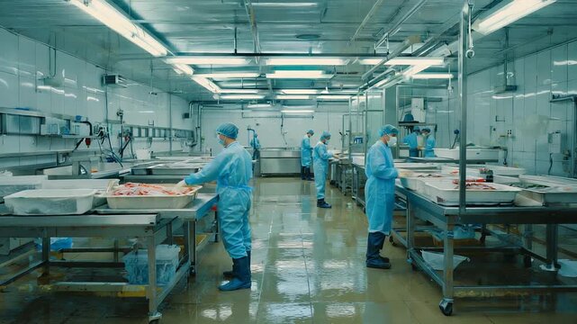 Seafood Processing Plant: Workers Sorting and Packaging Fresh Fish on Conveyor Lines in Modern Industrial Facility.
