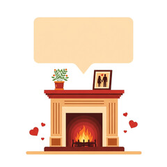 Obraz premium Cozy Fireplace Illustration with Burning Fire, Hearts, Framed Couple Photo, and Blank Speech Bubble for Text