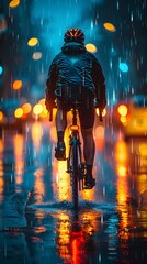 Cyclist Riding Through Rainy City Streets at Night Photo