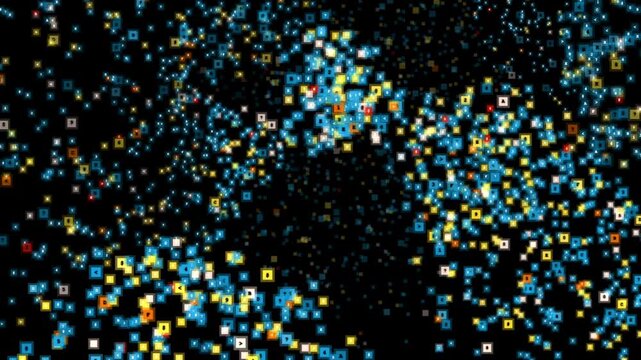 Dense field of glowing data tiles and numeric symbols forming connected clusters across a dark network visualization screen