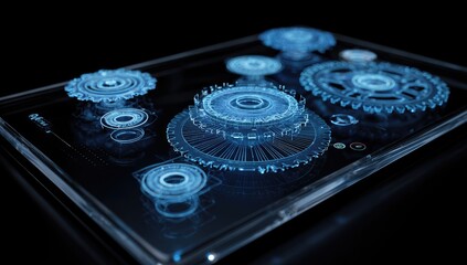 Futuristic digital display of glowing, intricate gear components floating above a transparent surface