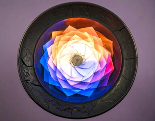Aerial view of a circular dish reflecting a layered geometric design