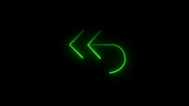 Looping abstract green neon line animation depicting a double arrow pointing left and a curved return symbol, perfect for user interface elements, technology, and digital design concepts.