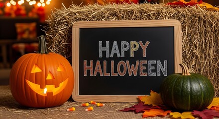 Halloween decoration with carved pumpkin and blackboard sign