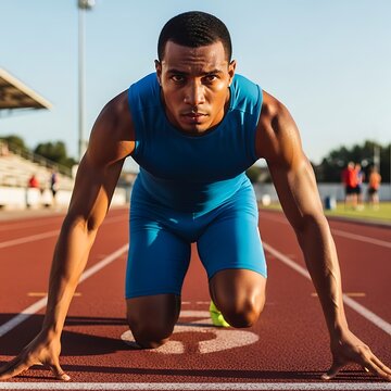 Determined sprinter poised for action on the track.