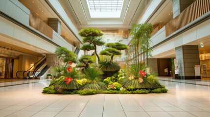 Indoor atrium garden with tropical plants and bonsai trees