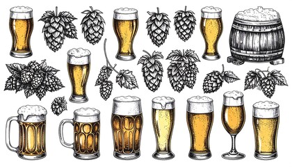 Ink-style illustration featuring multiple beer glasses, mugs, and a barrel with detailed hop plants, evoking a classic brewery aesthetic