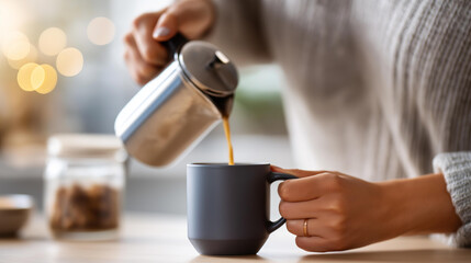 Faceless person preparing morning coffee as part of ritual, daily routine moment, habitual morning practice, lifestyle consistency scene, with copy space
