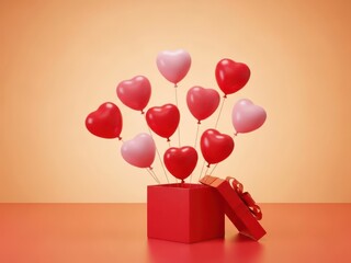 A vibrant red gift box with heart shaped balloons emerging from it on a warm orange background for valentines day or love themed concepts and celebrations