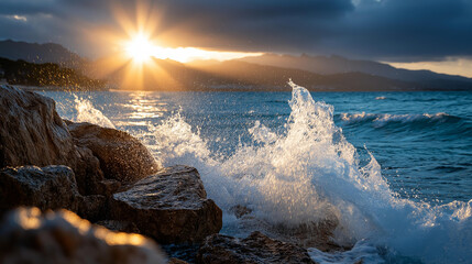 Ocean waves crashing against rocky coastline at golden hour, dramatic seascape beauty, coastal nature power, maritime landscape magnificence, with copy space