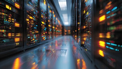 A long, narrow server room with rows of blinking, colorful data storage systems