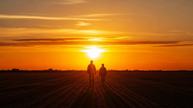 Serene european lovers sunset Two people silhouetted against a vibrant orange sunset in a field