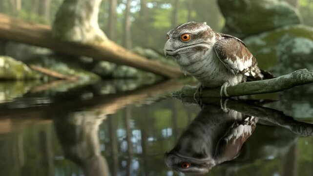 Mysterious potoo bird camouflaged on mossy branch in dark jungle