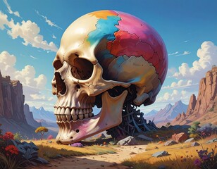 Large skull with colorful brain segments overlooking a desert landscape with mountains under a blue sky with fluffy clouds