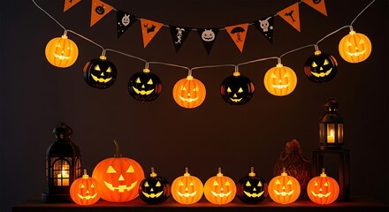 Halloween decoration with pumpkin lights and festive banners on a dark background