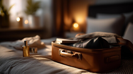 Half-packed suitcase on bed with scattered personal belongings, moving away concept, life transition moment, separation preparation scene, melancholic atmosphere, with copy space