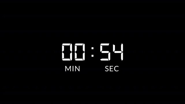 one minute countdown timer animation from 60 second to 0 second on transparent background, 1 minute countdown timer, countdown video with alpha channel