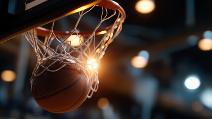 Close-up of basketball swishing through net in slow motion, scoring success moment, sports achievement visualization, game-winning shot, athletic precision, with copy space