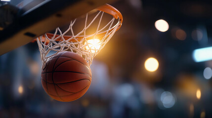Close-up of basketball swishing through net in slow motion, scoring success moment, sports achievement visualization, game-winning shot, athletic precision, with copy space