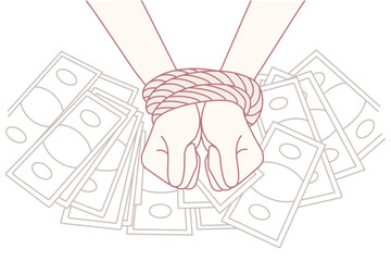Closeup of person with tied hands on banknotes background. Businessperson arrested for money laundering or bribery. Financial crime. Vector illustration.