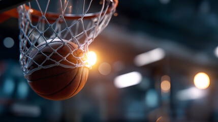 Close-up of basketball swishing through net in slow motion, scoring success moment, sports achievement visualization, game-winning shot, athletic precision, with copy space