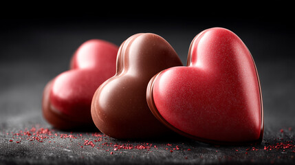 Fototapeta premium Heart-shaped chocolates on a delicate copy-space background, a clean romantic composition, suitable for advertising and Valentine's Day