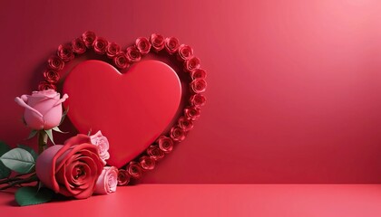 Red heart and rose bouquet on vibrant red background for Valentine's Day. Romantic composition with copy space.