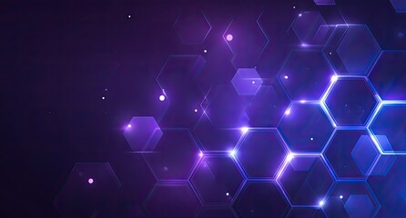 Abstract digital illustration with glowing hexagonal shapes against a dark blue and purple background