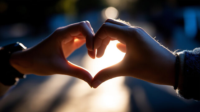Overlapping shadow silhouettes of two people creating heart shape, love and unity concept, relationship symbolism, romantic connection visualization, with copy space
